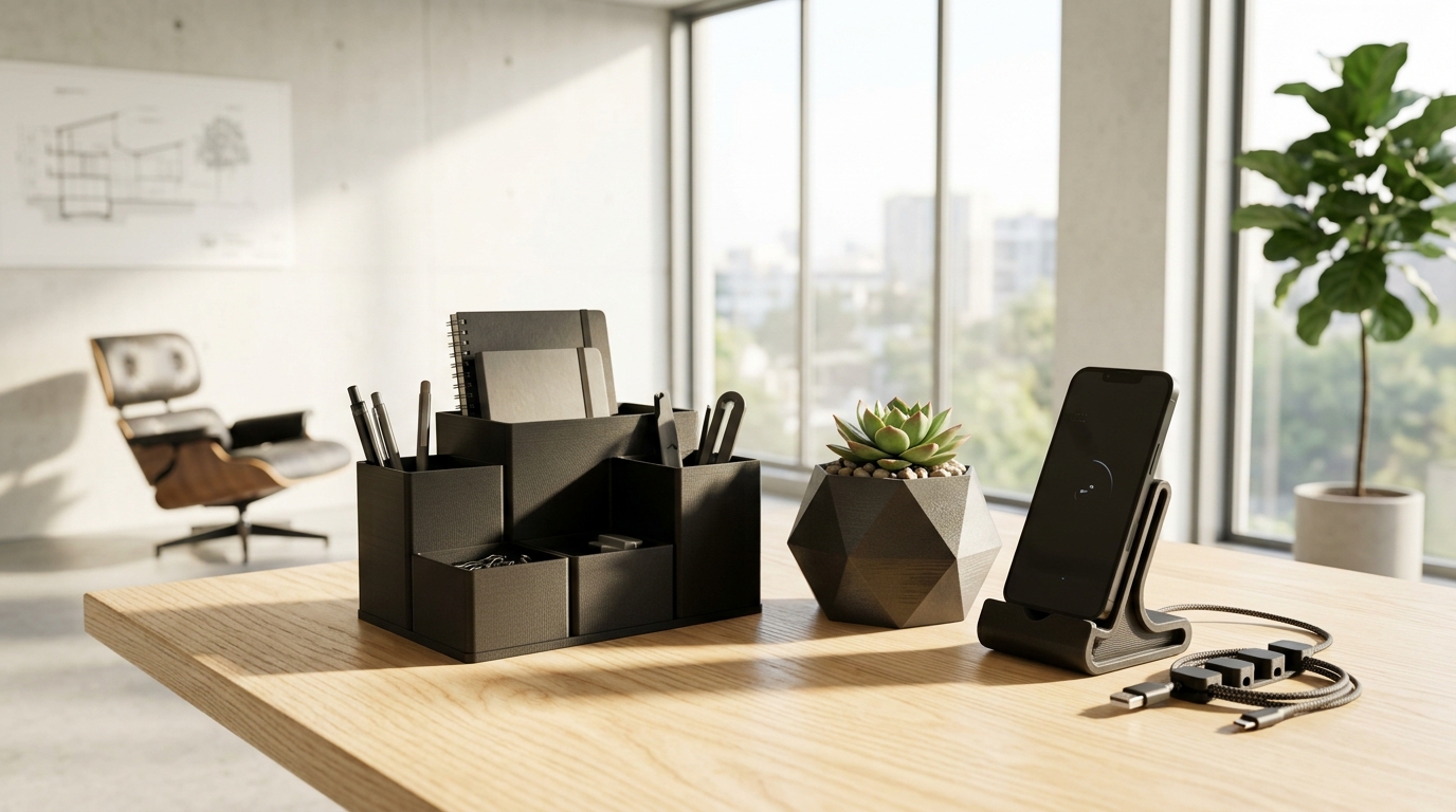 QYRO 3D printed physical objects on a sunlit studio desk